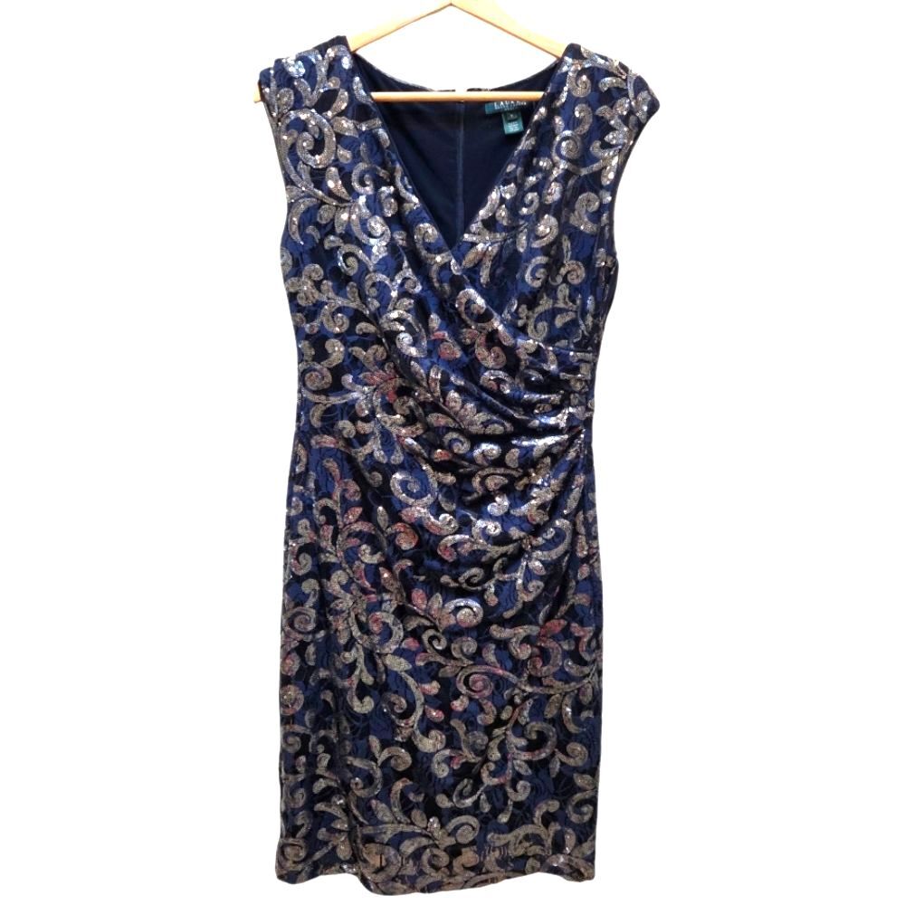 Ralph Lauren Navy Lace Silver Sequin Ruched Sheath Cocktail Party Dress 8